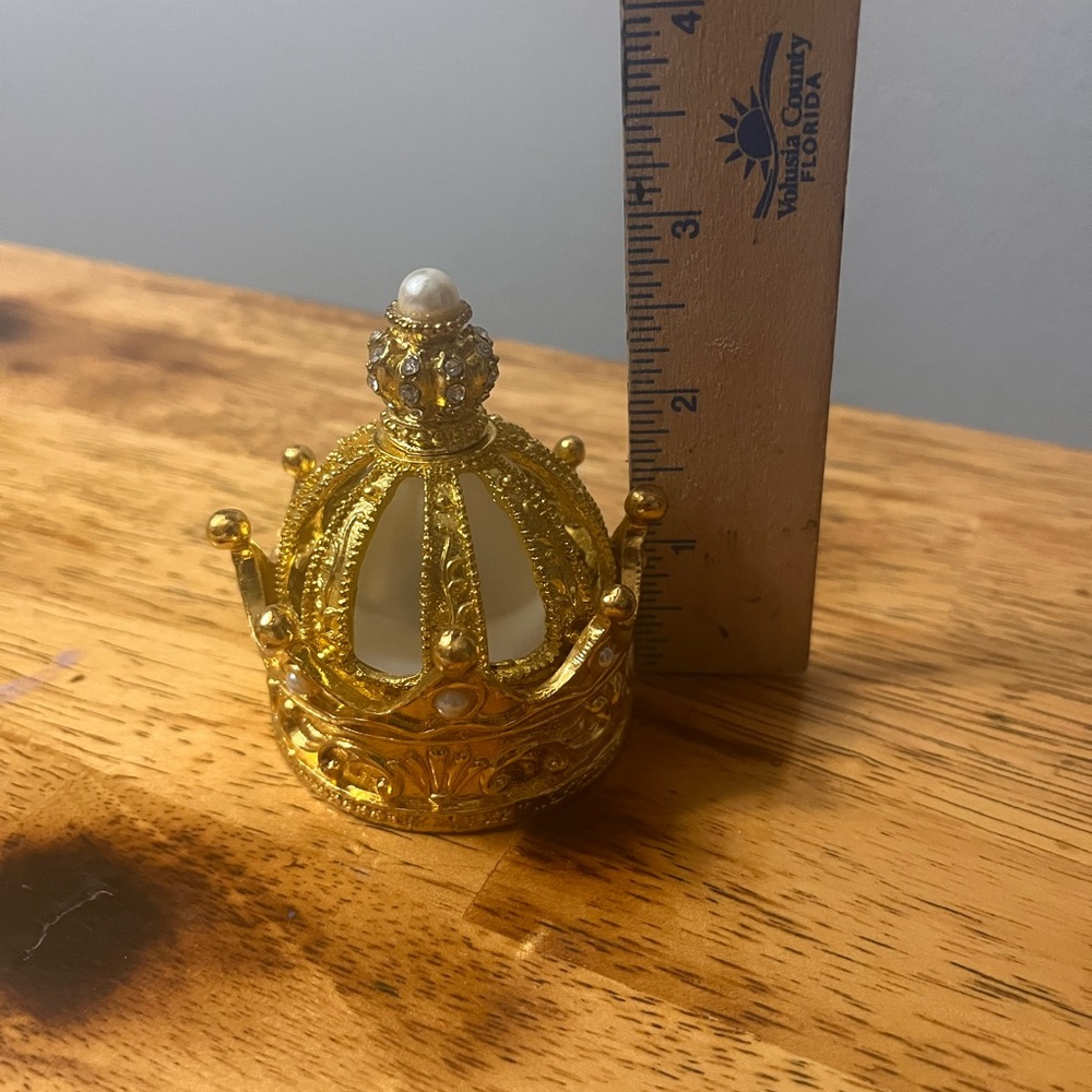 Gold Crown Perfume Bottle/Trinket Box w Jewels Pearls 3" X 2.5”. Empty. - Picture 2 of 11